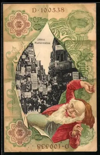 AK Leipzig, Mustermesse im Geldscheinpassepartout mit Zwerg, Reichsbanknote 50 Mark