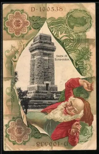 AK Hagen i. W., Bismarcksäule im Geldscheinpassepartout mit Zwerg, Reichsbanknote 50 Mark