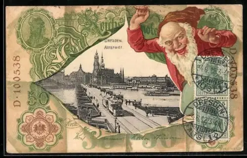 AK Dresden, Altstadt im Geldscheinpassepartout mit Zwerg, Reichsbanknote 50 Mark