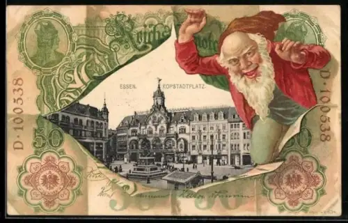 AK Essen, Kopstadtplatz im Geldscheinpassepartout mit Zwerg, Reichsbanknote 50 Mark