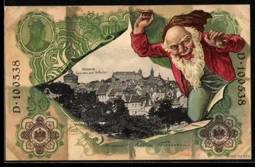 AK Nürnberg, Panorama vom Hallertor im Geldscheinpassepartout mit Zwerg, Reichsbanknote 50 Mark