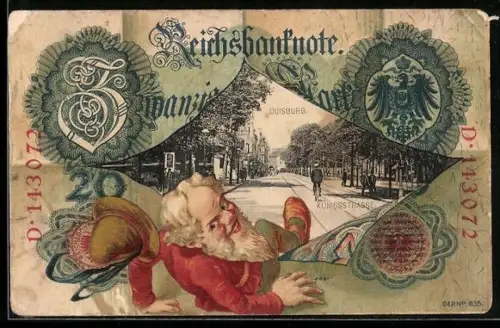 AK Duisburg, Königsstrasse im Geldscheinpassepartout mit Zwerg, Reichsbanknote 20 Mark