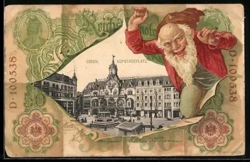 AK Essen, Kopstadtplatz im Geldscheinpassepartout mit Zwerg, Reichsbanknote 50 Mark