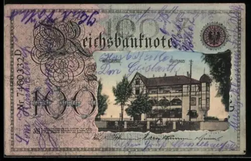 AK Windsheim, Kurhaus im Geldscheinpassepartout, Reichsbanknote 100 Mark