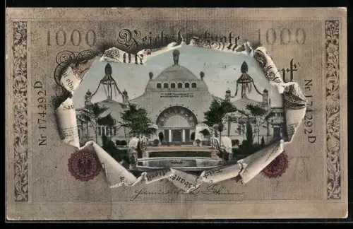 AK Nürnberg, Bayerische Jubiläums Landesausstellung 1906, Staatsgebäude, Reichsbanknote 1000 Mark