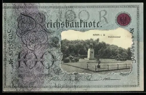 AK Hamm i. W., Faldenkmal im Geldscheinpassepartout