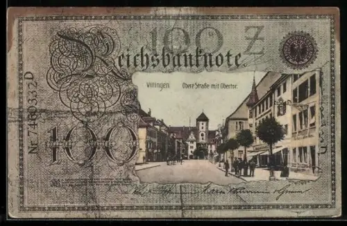 AK Villingen, Obere Strasse mit Obertor im Geldscheinpassepartout
