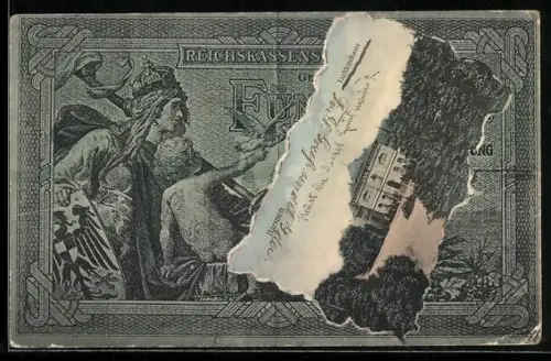 AK Barmen, Luftkurhaus im Geldscheinpassepartout, Reichskassenschein 5 Mark