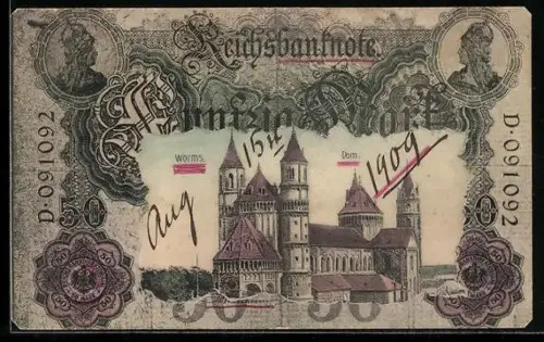 AK Worms, Dom im Geldscheinpassepartout, Reichsbanknote 50 Mark