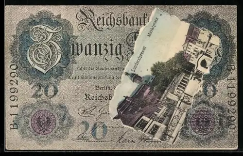 AK Sondershausen, Marktplatz im Geldscheinpassepartout, Reichsbanknote 20 Mark
