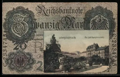 AK Ludwigshafen a. Rh., Jubiläumsbrunnen im Geldscheinpassepartout, Reichsbanknote 20 Mark