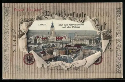Passepartout-AK Leipzig, Blick vom Peterskirchturm, Rahmen als 1000 Mark Reichsbanknote