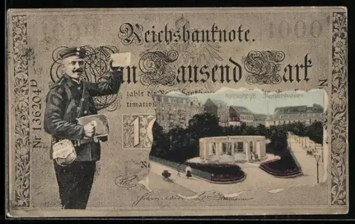 AK Karlsruhe i. B., Stephansbrunnen im Geldscheinpassepartout, Reichsbanknote 1000 Mark