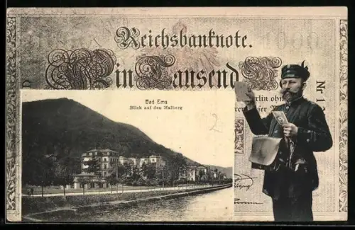AK Bad Ems, Blick auf Malberg im Geldscheinpassepartout, Reichsbanknote 1000 Mark