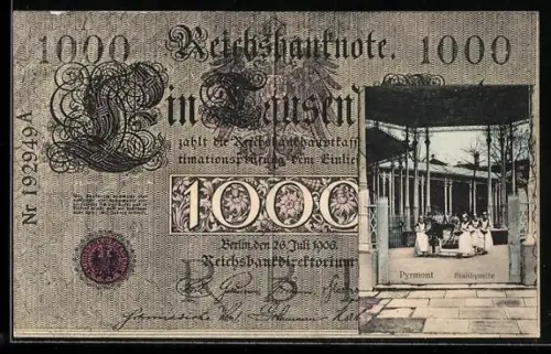 AK Pyrmont, Stahlquelle im Geldscheinpassepartout, Reichsbanknote 1000 Mark