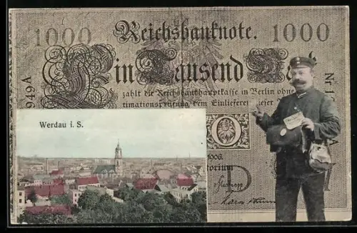 AK Werdau i. S., Ortsansicht im Geldscheinpassepartout, Reichsbanknote 1000 Mark