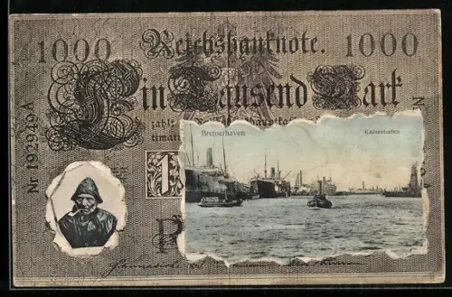AK Bremerhaven, Kaiserhafen im Geldscheinpassepartout, Reichsbanknote 1000 Mark