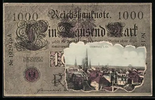 AK Oldenburg i. Gr., Ortsansicht im Geldscheinpassepartout, Reichsbanknote 1000 Mark