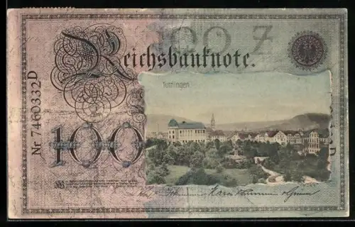 AK Tuttlingen, Ortsansicht im Geldscheinpassepartout, Reichsbanknote 100 Mark
