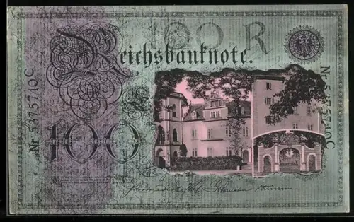 AK Bad Nassau, Schloss im Geldscheinpassepartout, Reichsbanknote 100 Mark