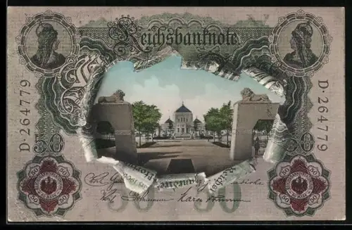 AK Nürnberg, Bayer. Jubiläums-Landesausstellung 1906, Kunsthalle, Geldschein