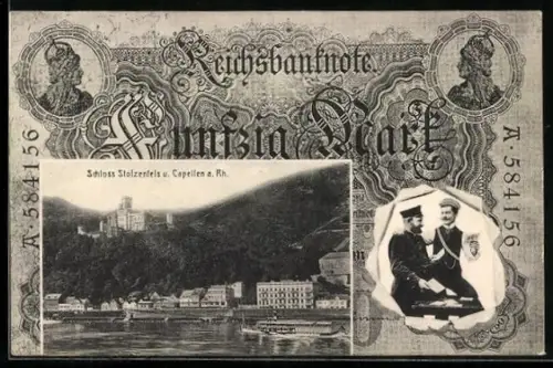 AK Capellen a. Rh., Schloss Stolzenfels im Geldscheinpassepartout, Reichsbanknote 50 Mark