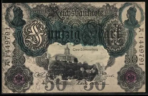 AK Cleve-Schwanenburg, Blick zum Schloss im Geldscheinpassepartout, Reichsbanknote 50 Mark