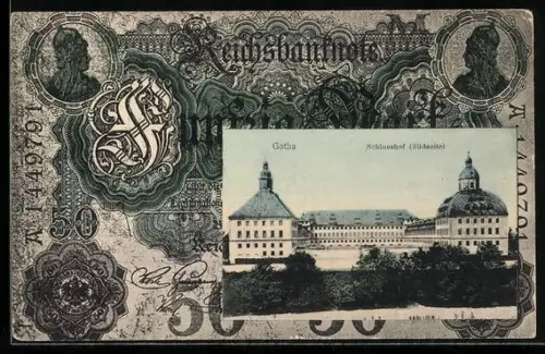 AK Gotha, Schlosshof im Geldscheinpassepartout, Reichsbanknote 50 Mark