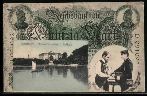 AK Karlsruhe, Stadtgarten mit See und Festhalle, Ansicht auf Geldschein