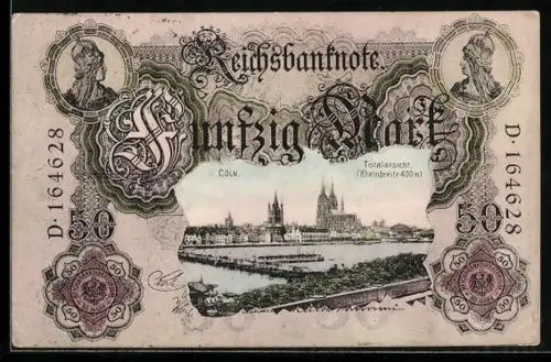 AK Cöln, Rheinpartie im Geldscheinpassepartout, Reichsbanknote 50 Mark