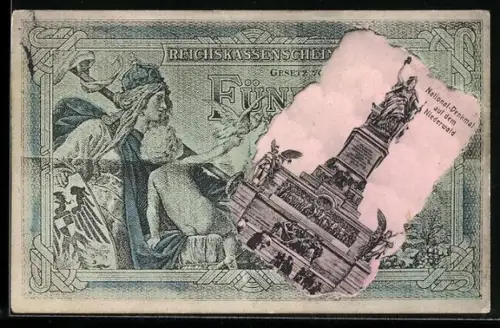 AK Niederwald, National-Denkmal im Geldscheinpassepartout, Reichsbanknote 5 Mark