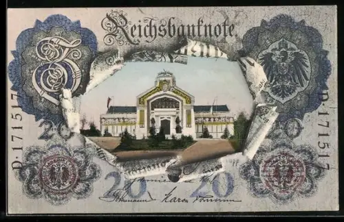 AK Nürnberg, Bayer. Jubiläums-Landesausstellung 1906, Forstgebäude, Geldschein