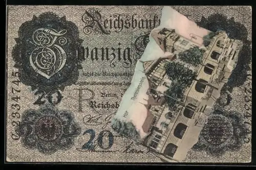 AK Hof, Theresienstein im Geldscheinpassepartout, Reichsbanknote 20 Mark