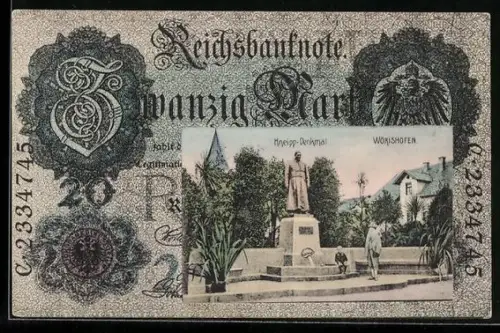 AK Wörishofen, Kneipp-Denkmal im Geldscheinpassepartout, Reichsbanknote 20 Mark