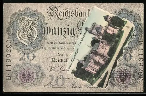 AK Cassel-Wilhelmshöhe, Die Löwenburg im Geldscheinpassepartout, Reichsbanknote 20 Mark