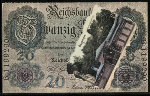 AK Göppingen, Sauerbrunnen im Geldscheinpassepartout, Reichsbanknote 20 Mark