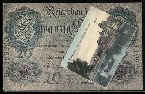AK Heilbronn, Neckarpartie mit Postamt im Geldscheinpassepartout, Reichsbanknote 20 Mark