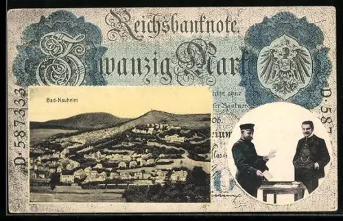 AK Bad Nauheim, Ortsansicht im Geldscheinpassepartout, Reichsbanknote 20 Mark