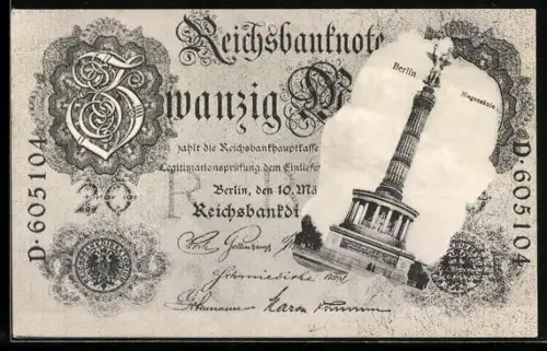 AK Berlin-Tiergarten, Siegessäule im Geldscheinpassepartout, Reichsbanknote 20 Mark