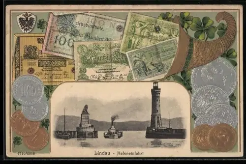 Präge-AK Lindau, Blick auf die Hafeneinfahrt mit Reichsmark und Füllhorn im Passepartout