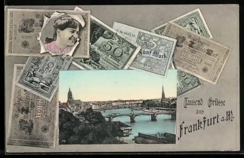 AK Frankfurt a. M., Teilansicht mit Brücke und Reichsmarkscheinen im Passepartout