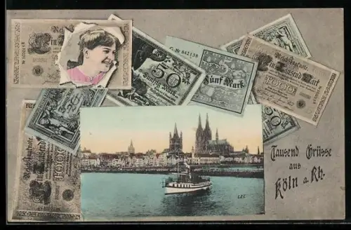 AK Köln a. Rh., Teilansicht mit Dom und Reichsmarkscheinen im Passepartout