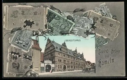 AK Hameln, Partie am Hochzeitshaus mit Reichsmarkscheinen im Passepartout