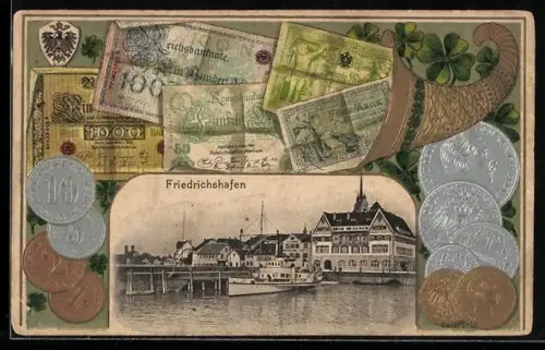 Präge-AK Friedrichshafen, Hafenpartie mit Reichsmark und Füllhorn im Passepartout
