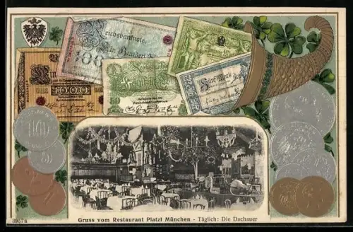 Präge-AK München, Restaurant Platzl, Reichsmark und Füllhorn im Passepartout