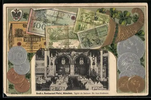 AK München, Innenraum des Restaurants Platzl mit Reichsmark und Füllhorn im Passepartout