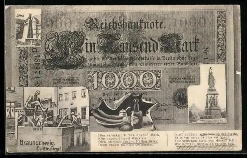 AK Braunschweig, Siegesdenkmal und Eulenspiegelbrunnen, Ansichten auf Geldschein