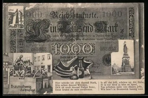 AK Braunschweig, Siegesdenkmal und Eulenspiegelbrunnen, Ansichten auf Geldschein