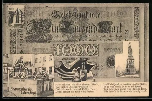 AK Braunschweig, Eulenspiegel-Brunnen und Siegesdenkmal auf einem Geldschein