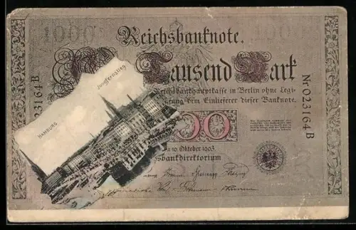 AK Hamburg-Neustadt, Partie am Jungfernstieg, Eintausend Reichsmarkschein als Passepartout